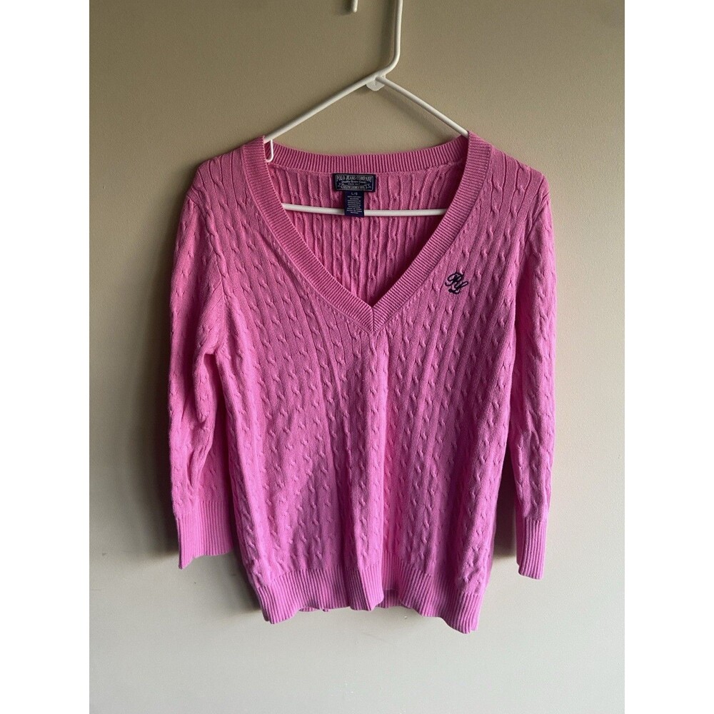 Polo by Ralph Lauren Women's Pink Cable Knit V-Neck Cotton Pullover Large